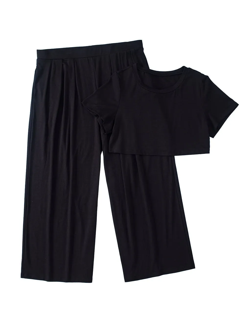 Black Plus Size Crop T-Shirt and Pleated Wide Leg Pants Set