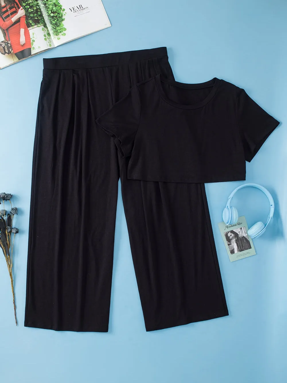 Black Plus Size Crop T-Shirt and Pleated Wide Leg Pants Set