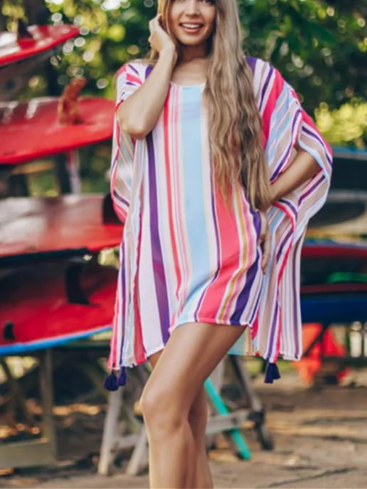 Chiffon Multicolor Stripe Beach Sun Proof Shirt with Resort Dress and Bikini Swimwear Blouse