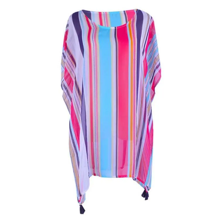 Chiffon Multicolor Stripe Beach Sun Proof Shirt with Resort Dress and Bikini Swimwear Blouse