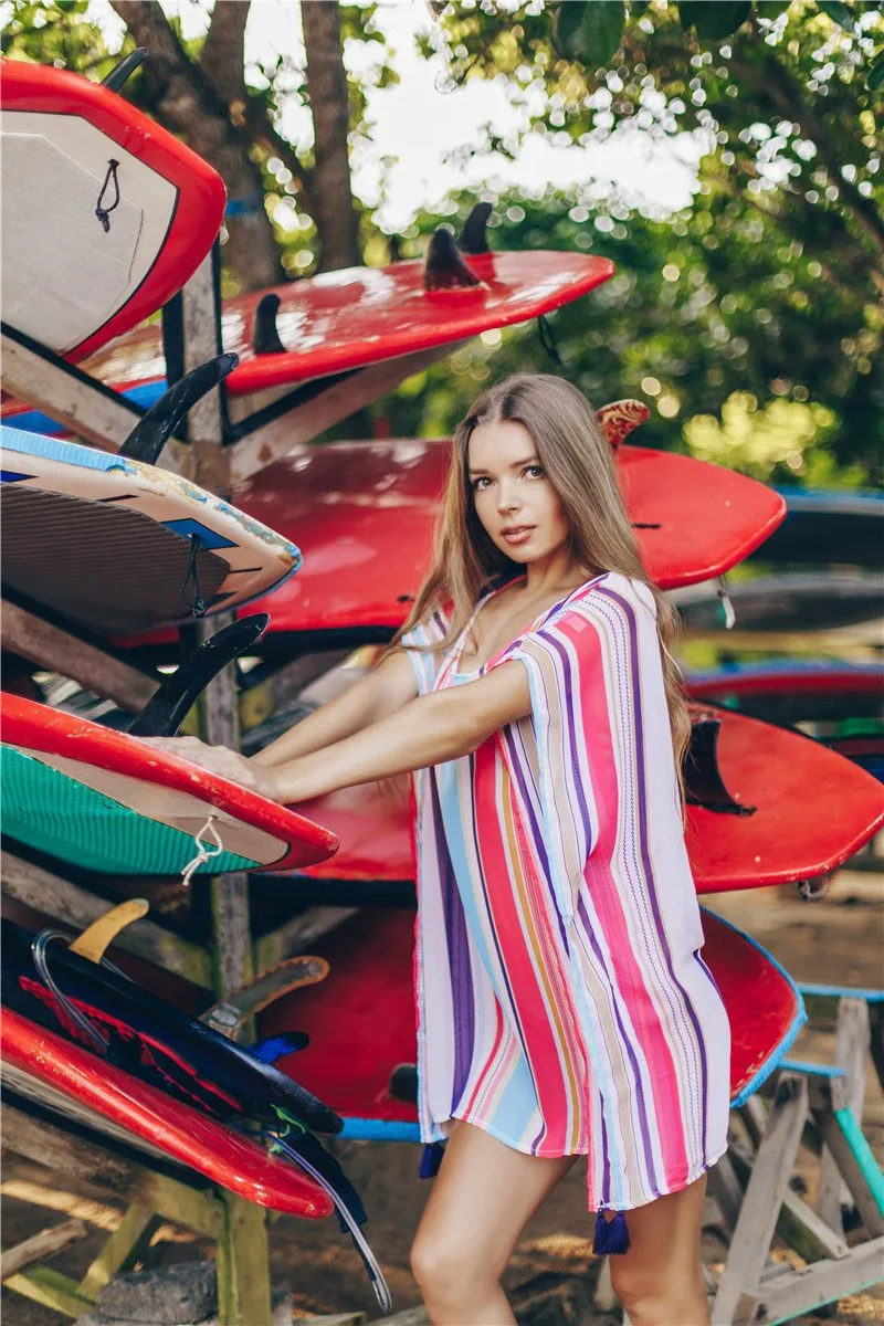 Chiffon Multicolor Stripe Beach Sun Proof Shirt with Resort Dress and Bikini Swimwear Blouse