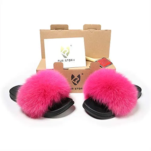 Fur story women's fluffy fox fur sandals open-toed leather slippers