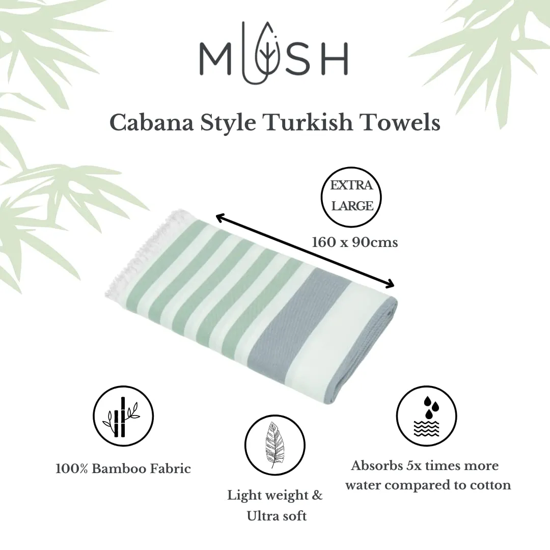 Mush Bamboo Extra Large Cabana Style Turkish Towel | Ideal for Beach, Bath, Pool, Travel & Yoga | Size : 90 x 160 cms | (Light Green-Grey & Blue-Dark Green, 2)