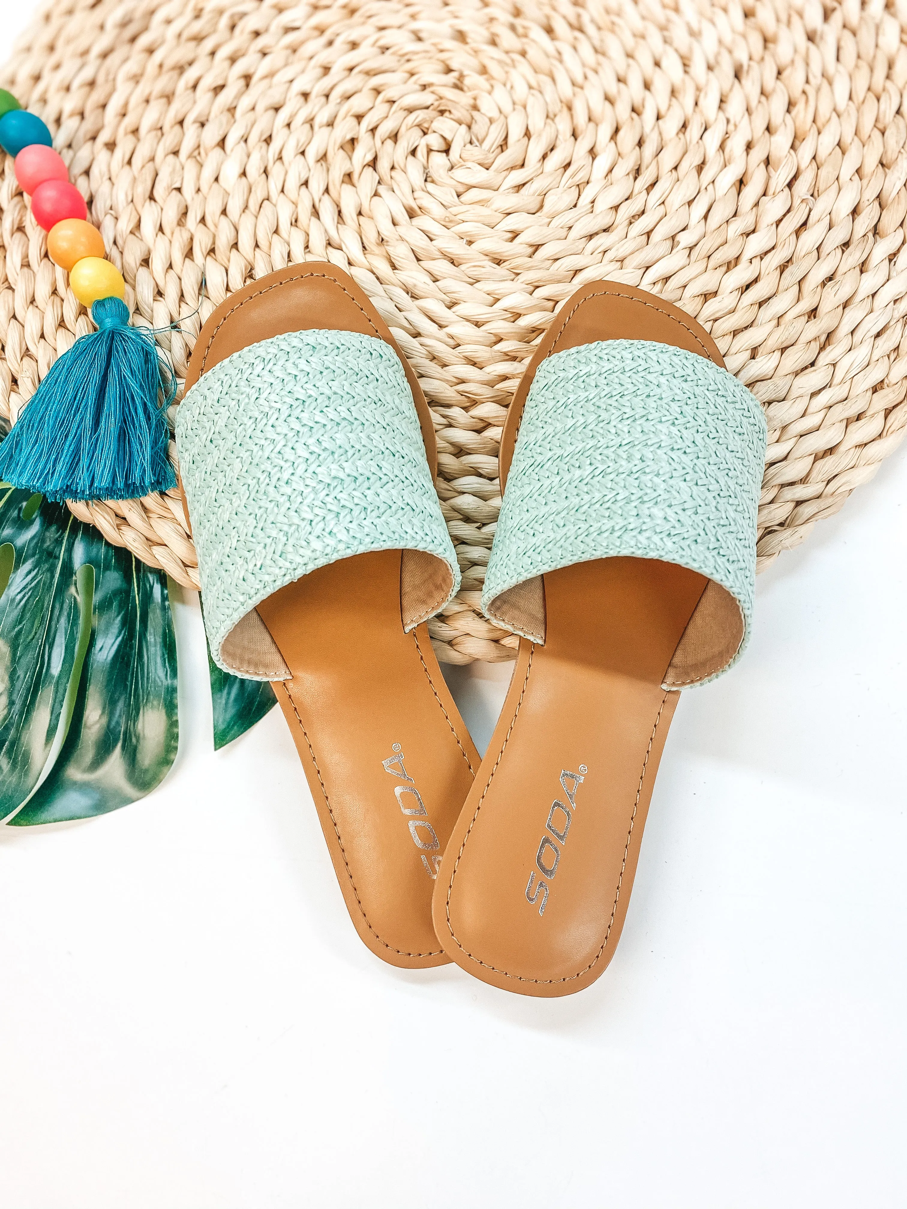 Palm Beach Stroll One Strap Woven Square Toe Slip On Sandals in Mint