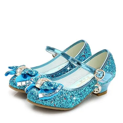 Princess Kids Leather Shoes for Girls Flower Casual Glitter Children High Heel Girls Shoes Butterfly Knot Blue Pink Silver