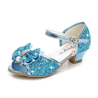 Princess Kids Leather Shoes for Girls Flower Casual Glitter Children High Heel Girls Shoes Butterfly Knot Blue Pink Silver